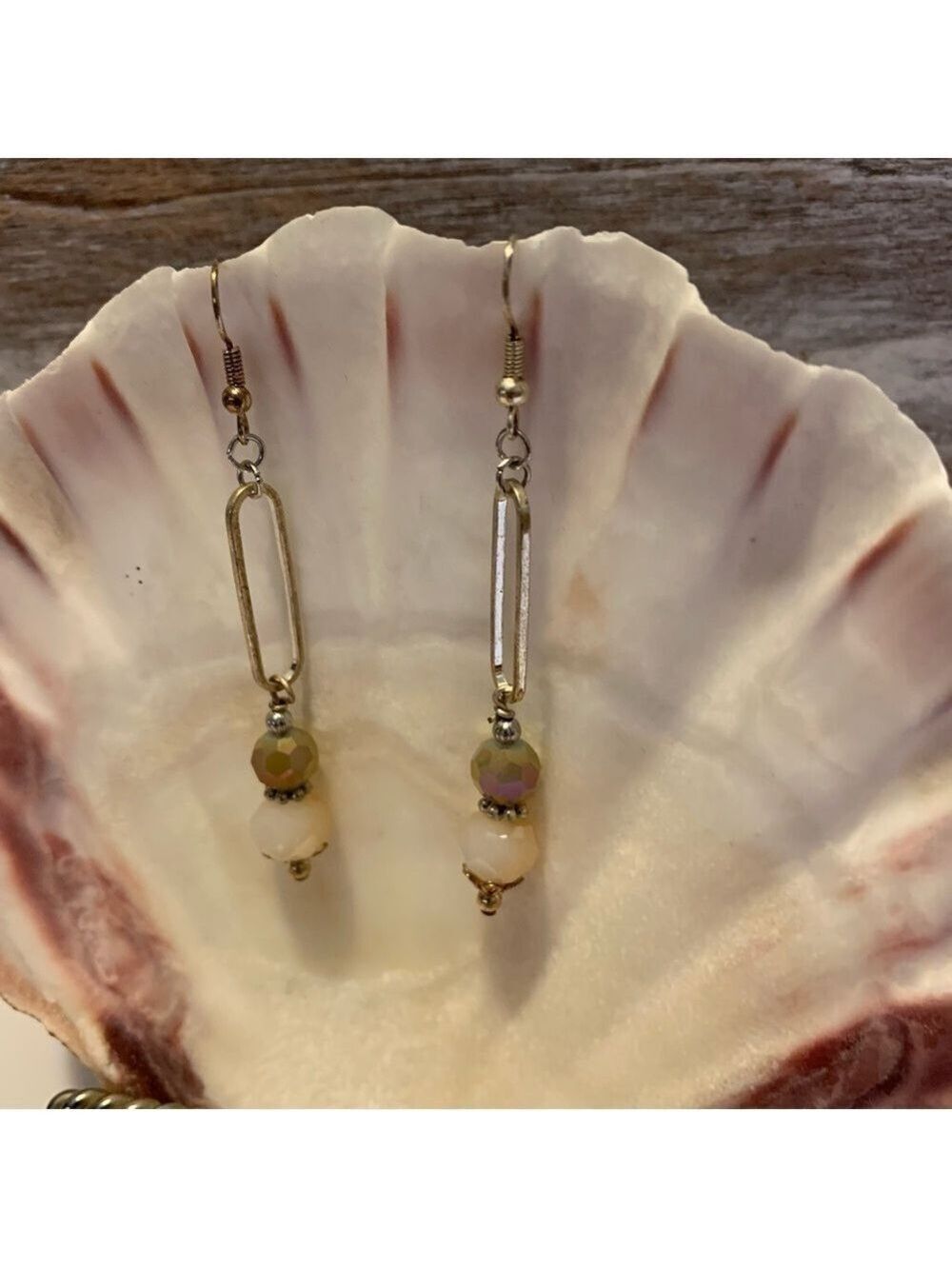 Beaded geometric dangle fish hook earrings artisan handmade champagne neutral